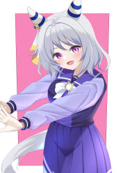 Rule 34 | 1girl, absurdres, alternate eye color, animal ears, blush, breasts, collarbone, commentary request, grey hair, highres, hishi miracle (umamusume), horse ears, horse girl, horse tail, looking at viewer, medium breasts, medium hair, open mouth, purple eyes, ribbon, school uniform, shia0016, simple background, solo, stretching, tail, tracen school uniform, umamusume, uniform, white background