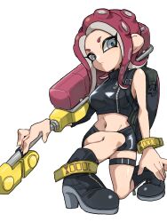 Rule 34 | 1girl, absurdres, agent 8 (splatoon), anklet, backpack, bag, belt, black bag, black belt, black footwear, black shirt, black skirt, boots, breasts, closed mouth, commentary, crop top, e-liter 4k (splatoon), full body, grey eyes, groin, gun, high heel boots, high heels, highres, holding, holding weapon, ikachan pochan, jewelry, long hair, medium breasts, midriff, miniskirt, navel, nintendo, octoling, octoling girl, octoling player character, on one knee, over shoulder, red hair, rifle, serious, shirt, sideways glance, single bare shoulder, single sleeve, skirt, sniper rifle, solo, splatoon (series), splatoon 2, splatoon 2: octo expansion, suction cups, symbol-only commentary, tentacle hair, thigh belt, thigh strap, weapon, white background, wristband, zipper, zipper pull tab