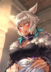Rule 34 | 2girls, absurdres, animal ears, black dress, blurry, blurry background, breasts, cat ears, commentary request, dark-skinned female, dark skin, dress, facial mark, final fantasy, final fantasy xiv, from below, fur trim, grey eyes, grey hair, hand on another&#039;s head, highres, hjz (artemi), huge filesize, medium breasts, miqo&#039;te, multiple girls, neck tattoo, open mouth, short hair, tattoo, whisker markings, y&#039;shtola rhul