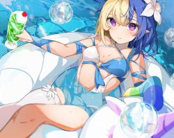 Rule 34 | 1girl, acxjx3, akashic chronicle, blonde hair, blue eyes, bubble, closed mouth, cup, drink, drinking glass, drinking straw, elf, flower, food, fruit, hair flower, hair ornament, highres, holding, holding cup, innertube, looking at viewer, mobile legends: bang bang, multicolored hair, o-ring, o-ring top, one-piece swimsuit, pointy ears, pool, purple eyes, single thighhigh, smile, solo, strawberry, swim ring, swimsuit, thighhighs, two-tone hair, water, wet, white flower, white one-piece swimsuit, white thighhighs