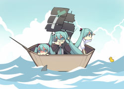Rule 34 | 3girls, aqua eyes, aqua hair, bird, blush stickers, boat, cloud, day, duck, eyepatch, hair ornament, harano, hatsune miku, holding, long hair, long sleeves, multiple girls, multiple persona, necktie, open mouth, outdoors, outstretched arm, profile, shark, skull, skull hair ornament, spring onion, sword, twintails, vocaloid, water, watercraft, weapon