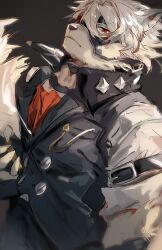 Rule 34 | 1boy, absurdres, animal ears, ascot, claws, furry, furry male, grey background, grey vest, highres, looking at viewer, male focus, one eye covered, red ascot, red eyes, shirt, sski 0, tail, upper body, vest, von lycaon, white shirt, wolf boy, wolf ears, wolf tail, zenless zone zero