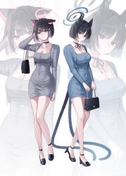 Rule 34 | 2girls, absurdres, alternate costume, animal ears, bag, black eyes, black footwear, black hair, blue archive, blue dress, blue halo, breasts, cat ears, cat tail, cleavage, closed mouth, collarbone, colored inner hair, dongtan dress, dress, grey dress, halo, high heels, highres, holding, holding bag, kazusa (blue archive), kikyou (blue archive), long sleeves, medium breasts, meme attire, multicolored hair, multiple girls, multiple tails, myowa, open mouth, pink hair, pink halo, red eyes, short hair, simple background, tail, two tails, white background, zoom layer