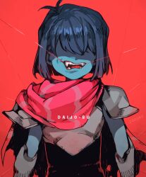 Rule 34 | 1other, androgynous, antenna hair, armor, arms at sides, artist name, blue hair, blue skin, breastplate, cape, colored skin, commentary request, corogarucoromo, covered eyes, deltarune, entangled, facing viewer, fangs, highres, kris (deltarune), open mouth, other focus, pauldrons, pink cape, red background, romaji text, shaded face, short hair, shoulder armor, signature, simple background, solo, straight-on, string, string of fate, upper body