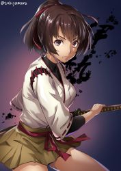 Rule 34 | 10s, 1girl, artist name, bare legs, battoujutsu stance, brown skirt, closed mouth, cowboy shot, fighting stance, hair ribbon, ise (kancolle), japanese clothes, kantai collection, katana, kimono, lips, looking at viewer, ponytail, purple background, purple eyes, ready to draw, red ribbon, ribbon, sakiyamama, serious, sheath, sheathed, short hair, simple background, skirt, solo, standing, sword, thighs, unsheathing, weapon