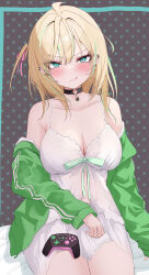 1girl absurdres bare_shoulders black_choker blonde_hair blush bow breasts choker cleavage controller dress ear_piercing eikawa_suru game_controller green_bow green_eyes highres jacket jacket_partially_removed large_breasts long_hair looking_at_viewer nightgown off_shoulder original piercing short_shorts shorts sitting sleepwear smile solo spaghetti_strap track_jacket white_dress white_nightgown