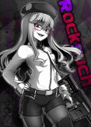 Rule 34 | 1girl, artist name, assault rifle, belt, boots, breasts, character name, collared shirt, commentary request, commission, contrapposto, dithering, ebiblue, evil smile, facial mark, facial tattoo, gesugao, gun, hand on own hip, hat, highres, holding, holding gun, holding weapon, pantyhose under shorts, long hair, looking at viewer, medium breasts, messy hair, monochrome, necktie, original, pantyhose, police, police uniform, policewoman, rifle, shirt, shorts, signature, skeb commission, smile, solo, spot color, standing, tattoo, thigh boots, thighhighs, twitter username, uniform, weapon, weapon request, white shirt