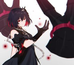 Rule 34 | 1girl, 3o c, :d, ahoge, bare shoulders, black dress, black gloves, bob cut, claw (weapon), dress, gloves, grey background, grin, hair ornament, honkai (series), honkai impact 3rd, looking at viewer, open mouth, red eyes, red hair, seele (alter ego), seele vollerei, seele vollerei (stygian nymph), short hair, smile, solo, teeth, upper body, weapon