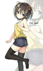 Rule 34 | 1girl, black hair, black thighhighs, blue eyes, bow, original, short hair, shorts, simple background, sky-freedom, sky (sky-freedom), solo, standing, standing on one leg, thighhighs, two side up, white background, zettai ryouiki, zoom layer