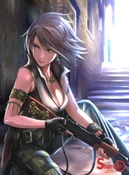 Rule 34 | 1girl, 2015, black gloves, breasts, cleavage, dated, earrings, fingerless gloves, gloves, grey hair, gun, highres, holding, holding gun, holding weapon, jewelry, on one knee, original, outdoors, red eyes, rifle, shamakho, short hair, solo, weapon