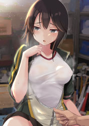 Rule 34 | 1girl, black hair, black skirt, blush, breasts, commentary request, covered erect nipples, grey eyes, gym shirt, hayasui (kancolle), highres, indoors, jacket, kantai collection, kuroame (kurinohana), large breasts, long sleeves, looking to the side, male hand, medium breasts, miniskirt, open clothes, open jacket, open mouth, pleated skirt, shirt, short hair, skirt, solo focus, steam, steaming body, sweat, track jacket, zipper
