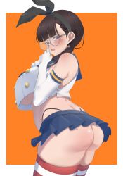 Rule 34 | absurdres, ass, back, bare shoulders, black hair, black neckerchief, black panties, blue skirt, blunt bangs, blush, braid, breasts, cosplay, crop top, crop top overhang, elbow gloves, fon (96nokimihito), freckles, glasses, gloves, hair over shoulder, hairband, highleg, highleg panties, highres, jimi kyonyuu megane (96nokimihito), kantai collection, large breasts, looking at viewer, microskirt, mole, mole on ass, mole under mouth, neckerchief, no bra, open mouth, orange background, original, panties, pleated skirt, plump, purple eyes, sailor collar, school uniform, shimakaze (kancolle), shimakaze (kancolle) (cosplay), skirt, striped clothes, striped thighhighs, thighhighs, thong, twin braids, underboob, underwear, white gloves
