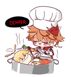 Rule 34 | ..., 2boys, :3, aether (genshin impact), apron, black gloves, blonde hair, blush, cannibalism, carrot, chibi, chopping, closed eyes, closed mouth, cooking, cooking pot, dinner, earrings, eyelashes, food, genshin impact, gloves, hair between eyes, holding, holding carrot, holding knife, jewelry, kitchen knife, knife, male focus, mask, mask on head, multiple boys, orange hair, red mask, red shirt, redbeanegg, shirt, simple background, smile, sound effects, soup, sparkle, speech bubble, tartaglia (genshin impact), tassel, tassel earrings, white apron, white background