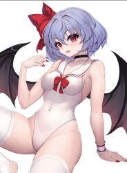 Rule 34 | 1girl, armpits, ascot, ass, bat wings, blue hair, bow, breasts, choker, collarbone, gluteal fold, hair bow, highres, looking at viewer, nail polish, navel, no headwear, one-piece swimsuit, red ascot, red bow, red eyes, remilia scarlet, short hair, simple background, small breasts, socks, solo, stirrup legwear, sudako (dai011305), swimsuit, thighhighs, thighs, toeless legwear, touhou, white background, white socks, wings, wrist cuffs