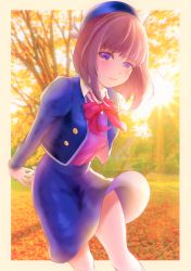Rule 34 | 1girl, absurdres, arima kana, arms behind back, autumn, autumn leaves, beret, blue hat, blue jacket, blue skirt, blunt bangs, blunt ends, blurry, blurry background, bob cut, border, bow, bowtie, brown hair, close-up, collared shirt, commentary request, cowboy shot, depth of field, evening, floating hair, hat, highres, ichijo kazuya, interlocked fingers, jacket, juliet sleeves, light rays, lips, long sleeves, looking at viewer, loose bowtie, oshi no ko, outdoors, outside border, own hands together, park, pink lips, puffy sleeves, purple eyes, purple sweater, red bow, red bowtie, shirt, short hair, signature, skirt, smile, solo, sunlight, sweater, tree, twilight, white border, white shirt