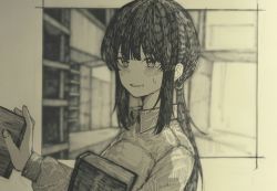 Rule 34 | 1girl, blunt bangs, blurry, blurry background, blush, book, bright pupils, commentary, depth of field, dress shirt, english commentary, epeulu (ate5424), from side, greyscale, hair tie, hatching (texture), highres, holding, holding book, long hair, long sleeves, looking at viewer, monochrome, original, outside border, parted lips, photo (medium), ponytail, puffy long sleeves, puffy sleeves, shirt, sidelocks, smile, solo, sweatdrop, traditional media, upper body, wing collar