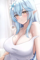 Rule 34 | 1girl, absurdres, bare shoulders, blue hair, blush, breasts, cleavage, commentary request, elf, flower, hair flower, hair ornament, highres, hololive, indoors, large breasts, long hair, looking at viewer, mofu07519, multicolored hair, parted lips, pointy ears, shirt, solo, strap slip, streaked hair, tank top, two-tone hair, upper body, very long hair, virtual youtuber, white flower, white shirt, yellow eyes, yukihana lamy