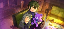 Rule 34 | 1boy, aqua eyes, buttons, chain, couch, ear piercing, ensemble stars!, green skirt, hair between eyes, happy, happy elements, high collar, holding, holding stuffed toy, jacket, kagehira mika, lantern, light blush, long sleeves, needle, official art, on couch, open clothes, open jacket, open mouth, piercing, safety pin, sewing, sewing needle, short hair, skirt, smile, solo, stuffed animal, stuffed toy, sweater, tail, teddy bear, teeth, third-party source, turtleneck, turtleneck sweater, upper teeth only, yellow eyes