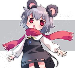 Rule 34 | animal ears, black footwear, capelet, cookie (touhou), crystal, dowsing rod, dress, grey background, grey dress, grey hair, grey skirt, grey vest, jewelry, layered clothes, long sleeves, looking to the side, mouse ears, mouse girl, nyon (cookie), open mouth, pendant, red eyes, red scarf, scarf, shirt, short hair, simple background, skirt, skirt set, socks, vest, white background, white capelet, white shirt, xox xxxxxx