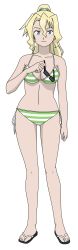 Rule 34 | 1girl, absurdres, bikini, blonde hair, blue eyes, cindy campbell, flip-flops, highres, looking at viewer, ponytail, sandals, shinryaku! ikamusume, side-tie bikini bottom, solo, striped bikini, striped clothes, sunglasses, sunglasses removed, swimsuit, transparent background, vector trace