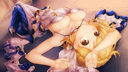 Rule 34 | 10s, 1girl, absurdres, ahoge, arched back, armpits, arms up, bare arms, bare shoulders, blonde hair, blush, braid, breasts, brown eyes, choker, cleavage, closed mouth, commentary request, covered navel, crown braid, detached sleeves, djeeta (granblue fantasy), dress, dutch angle, elysian (granblue fantasy), foreshortening, from behind, full body, granblue fantasy, high heels, highres, indoors, long hair, looking at viewer, looking back, lying, medium breasts, on back, on floor, shoes, unworn sleeves, solo, strapless, strapless dress, tareme, tile floor, tiles, wakaba (945599620), white choker, white dress, white footwear