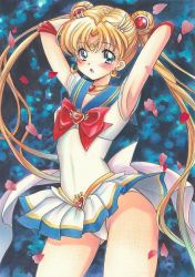 Rule 34 | 1girl, armpits, arms behind head, arms up, bare legs, bishoujo senshi sailor moon, blonde hair, blue eyes, blue sailor collar, blush, bow, bowtie, brooch, choker, circlet, clothes lift, collarbone, contrapposto, cowboy shot, crescent, crescent earrings, double bun, earrings, elbow gloves, floating hair, gloves, hair between eyes, hair bun, hair intakes, heart, heart brooch, heart choker, heart necklace, jewelry, leotard, long hair, looking at viewer, magical girl, marker (medium), miniskirt, neck, necklace, open mouth, panties, petals, pleated skirt, red bow, red bowtie, sailor collar, sailor moon, sailor senshi uniform, skirt, skirt lift, solo, standing, super sailor moon, tomoeri, traditional media, tsukino usagi, twintails, underwear, very long hair, white gloves, white leotard, white panties, white skirt, yellow choker