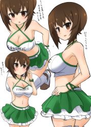 Rule 34 | 1girl, absurdres, alternate costume, arm behind back, blush, boots, bracelet, breasts, brown eyes, brown hair, cleavage, closed mouth, clothes writing, commentary, criss-cross halter, crop top, frilled skirt, frills, from side, frown, girls und panzer, green skirt, halterneck, hand in own hair, hand on own hip, highres, jewelry, layered skirt, light blush, logo, looking at viewer, looking back, medium breasts, miniskirt, motion lines, multiple views, navel, nishizumi maho, parted lips, race queen, shirt, short hair, simple background, skirt, smile, squatting, standing, thigh boots, thighhighs, translated, white background, white footwear, white shirt, yogurt bakudan