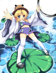 Rule 34 | 1girl, blonde hair, blue eyes, female focus, hat, legs, lily pad, mary janes, moriya&#039;s iron rings, moriya suwako, open mouth, outstretched arms, panties, pantyshot, ryokushiki (midori-ya), shoes, short hair, smile, solo, spread arms, thighhighs, touhou, underwear, white thighhighs