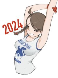 Rule 34 | 1girl, 2024, ahoge, alternate costume, armpits, arms up, braid, breasts, brown eyes, brown hair, commentary request, creatures (company), eyelashes, game freak, gloves, grin, highres, juliana (pokemon), medium breasts, nintendo, one eye closed, partially fingerless gloves, pokemon, pokemon sv, raised eyebrows, red gloves, shirt, sleeveless, sleeveless shirt, smile, solo, stretching, tank top, teeth, tsuneshima, upper body, white background