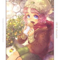 Rule 34 | 1girl, absurdres, acorn, artist name, autumn, beanie, blue eyes, brown coat, cat tail, coat, eating, eyebrows, fangs, flower, food, food on face, green shorts, hair ornament, hairclip, hat, highres, hood, hood down, jacket, long sleeves, looking at viewer, md5 mismatch, open mouth, original, pillarboxed, pink hair, plant, red scarf, resolution mismatch, scarf, shima (si04ma82), short hair, shorts, sitting, sitting on stairs, sleeves past wrists, solo, source smaller, stairs, stone wall, striped clothes, striped scarf, striped sleeves, tail, taiyaki, wagashi, wall, watermark