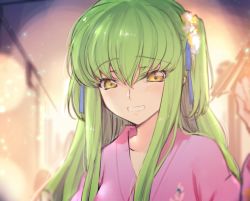 Rule 34 | 1girl, blush, c.c., code geass, creayus, dress, festival, green hair, japanese clothes, kimono, long hair, looking at viewer, simple background, smile, solo, twitter username, yellow eyes