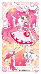 Rule 34 | 1girl, animal ears, bow, cake hair ornament, choker, commentary request, cure whip, dress, earrings, extra ears, food-themed hair ornament, food-themed ornament, fruit brooch, gloves, hair ornament, hoppetoonaka3, jewelry, kirakira precure a la mode, long hair, magical girl, open mouth, pekorin (precure), pink choker, pink eyes, pink footwear, pink hair, pom pom (clothes), pom pom earrings, precure, rabbit ears, smile, star (symbol), strawberry brooch, twintails, usami ichika, white gloves