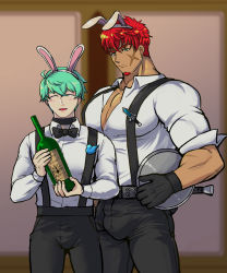 Rule 34 | 2boys, alcohol, animal ears, bara, blue hair, blurry, blurry background, blush, bottle, bulge, collared shirt, facial hair, feet out of frame, gany (gyee), gloves, green eyes, gyee, highres, knife, looking at viewer, male focus, manly, mature male, multiple boys, muscular, muscular male, musso (gyee), pants, pectoral cleavage, pectorals, plate, rabbit ears, red hair, scar, scar on face, shirt, short hair, spiked hair, stubble, tan, tb kid0man, tight clothes, weapon, wine, wine bottle