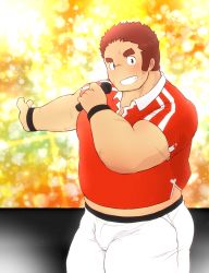 Rule 34 | 1boy, 3c pan, :d, bara, belly, blush, brown hair, bulge, cowboy shot, facial hair, facial scar, tamamura gunzo, highres, holding, holding microphone, long sideburns, looking at viewer, male focus, microphone, midriff peek, muscular, muscular male, open mouth, pants, pectorals, red shirt, rugby uniform, scar, scar on arm, scar on cheek, scar on face, shirt, short hair, side slit, sideburns, smile, solo, spiked hair, sportswear, stubble, thick eyebrows, thick thighs, thighs, tokyo houkago summoners, white pants