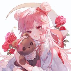 Rule 34 | 1girl, bow, braid, copyright request, double bun, flower, frilled sleeves, frills, hair bow, hair bun, hair ornament, highres, holding, holding stuffed toy, leaf, long hair, long sleeves, looking at viewer, maccha (mochancc), parted lips, pink hair, red bow, red eyes, red flower, red rose, rose, simple background, smile, solo, stuffed animal, stuffed toy, teddy bear, upper body, white background