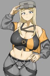 Rule 34 | 1girl, :/, absurdres, bandaid, bandaid on face, bandaid on nose, bare shoulders, belt, black shirt, blonde hair, blue eyes, breasts, centi (nikke), cleavage, collarbone, crop top, goddess of victory: nikke, goma., grey background, grey jacket, grey pants, hand on headwear, hand on own hip, helmet, highres, hip bones, jacket, large breasts, light blush, long hair, long sleeves, looking at viewer, midriff, navel, off shoulder, orange jacket, pants, parted bangs, puffy sleeves, shirt, simple background, solo, stomach, two-sided fabric, two-sided jacket, wide hips
