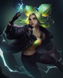 Rule 34 | bandaid, bandaid on face, black jacket, brown gloves, brown pants, cyberpunk, electricity, finger gun, fingerless gloves, freckles, gloves, green eyes, green hair, gun, highres, jacket, league of legends, lightning bolt symbol, midriff, navel, open clothes, open jacket, pants, parted bangs, shiba18, tank top, twintails, weapon, yellow tank top, zeri (league of legends)