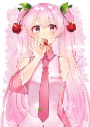 Rule 34 | 1girl, :o, absurdres, bad id, bad pixiv id, bare shoulders, cherry, cherry blossoms, cherry hair ornament, commentary, detached sleeves, eating, floral background, food, food-themed hair ornament, fruit, hair ornament, hatsune miku, headphones, headset, highres, holding, holding food, holding fruit, kusunokimizuha, long hair, looking at viewer, necktie, open mouth, pink eyes, pink hair, pink necktie, pink skirt, pink sleeves, pink theme, sakura miku, shirt, signature, skirt, sleeveless, sleeveless shirt, solo, standing, twintails, very long hair, vocaloid, white shirt
