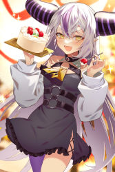 Rule 34 | 1girl, :d, absurdres, ascot, bare shoulders, black dress, breasts, cake, commentary request, cowboy shot, cream, demon horns, dress, fang, food, fork, frilled dress, frills, fruit, hair between eyes, highres, holding, holding fork, hololive, horns, la+ darknesss, long hair, long sleeves, looking at viewer, multicolored hair, open mouth, puffy long sleeves, puffy sleeves, purple hair, purple legwear, silver hair, single leg pantyhose, skin fang, small breasts, smile, solo, standing, strawberry, streaked hair, syandega, very long hair, virtual youtuber, yellow ascot
