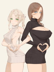 Rule 34 | 2girls, ass-to-ass, backless outfit, black sweater, blonde hair, blue eyes, breasts, brown hair, cleavage, cleavage cutout, closed mouth, clothing cutout, commentary request, edea (throtem), from side, green eyes, grey background, hair between eyes, hair over shoulder, hair ribbon, heart, heart hands, highres, kana (throtem), large breasts, locked arms, long hair, looking at viewer, looking to the side, medium breasts, meme attire, multiple girls, original, paid reward available, ponytail, ribbon, sidelocks, simple background, smile, standing, sweater, throtem, turtleneck, turtleneck sweater, virgin killer sweater, white ribbon, white sweater