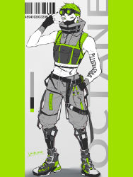 Rule 34 | 1boy, \m/, absurdres, adapted costume, animification, apex legends, arm tattoo, barcode, black gloves, cropped jacket, fingerless gloves, gloves, goggles, goggles on head, green eyes, green hair, grey footwear, grey shorts, hair behind ear, highres, looking to the side, male focus, mask, mechanical legs, midriff, mouth mask, navel, octane (apex legends), one eye closed, shoes, shorts, sleeveless, sleeveless jacket, smile, sneakers, solo, syringe, tattoo, wano (azayakam)