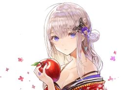 Rule 34 | 1girl, :&lt;, apple, bare shoulders, bra strap, breasts, cleavage, flower, food, fruit, hair flower, hair ornament, japanese clothes, kim eb, kimono, long hair, looking at viewer, medium breasts, original, purple eyes, silver hair, solo, strap slip, upper body, white background