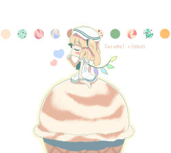 Rule 34 | 1girl, alternate costume, arm at side, blonde hair, deformed, dress, eating, english text, closed eyes, flandre scarlet, food, from side, ice cream, oversized food, oversized object, short hair, side ponytail, simple background, sleeveless, sleeveless dress, solo, takahero, touhou, white dress
