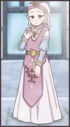 Rule 34 | 1girl, artist request, blonde hair, blue eyes, blurry, blurry background, border, dress, female focus, full body, highres, jewelry, layered sleeves, long sleeves, looking at viewer, necklace, nintendo, open mouth, pink dress, pointy ears, princess zelda, short hair, short over long sleeves, short sleeves, solo, standing, textless version, the legend of zelda, the legend of zelda: ocarina of time, triforce, veil, window, young zelda