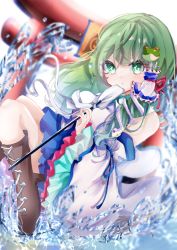 Rule 34 | 1girl, absurdres, blurry, blurry background, boots, brown footwear, closed mouth, cross-laced footwear, detached sleeves, frog hair ornament, fura (wind rahu), gohei, green eyes, green hair, hair ornament, hair tubes, highres, holding, kochiya sanae, long hair, looking at viewer, nontraditional miko, snake hair ornament, solo, torii, touhou, water, white background, wide sleeves