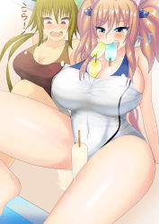 Rule 34 | 2girls, artist request, blonde hair, blue eyes, blush, breasts, cleavage, food, green hair, highres, huge breasts, large breasts, long hair, multiple girls, one-piece swimsuit, onizaki kirara, open mouth, popsicle, red eyes, shijo kisaragi, shiny skin, sitting, swimsuit, taimanin (series), taimanin rpgx, twintails