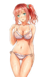 Rule 34 | 1girl, bikini, blush, breasts, cleavage, collarbone, green eyes, head tilt, highres, long hair, navel, original, red hair, side ponytail, simple background, solo, standing, stomach, swimsuit, wantacchi, wet