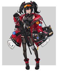 Rule 34 | 1girl, absurdres, aer7o, ankle boots, assault rifle, bag, black gloves, black hair, black skirt, black thighhighs, boots, border, breasts, cyberpunk, d-pad, d-pad hair ornament, duffel bag, eyewear on head, full body, gas mask, gloves, grey background, gun, gun sling, h&amp;k g41, hair ornament, highres, jacket, knee pads, legwear garter, long hair, looking at viewer, mask, mask around neck, medium breasts, miniskirt, open clothes, open jacket, orange-tinted eyewear, original, outside border, oversized clothes, pleated skirt, red jacket, rifle, safety glasses, single knee pad, skirt, solo, standing, thighhighs, tinted eyewear, twintails, weapon, white border, zettai ryouiki
