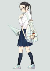 Rule 34 | 1girl, backpack, bag, bag charm, black socks, blue skirt, blue socks, brown hair, charm (object), closed mouth, commentary request, from behind, full body, glasses, grey background, hair ornament, hairclip, hand up, highres, holding, long hair, long sleeves, looking at viewer, looking back, morifumi, original, pleated skirt, ponytail, round eyewear, shirt, shoes, simple background, skirt, socks, solo, umbrella, white shirt