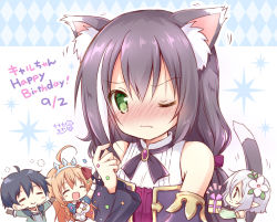 Rule 34 | 1boy, 3girls, :d, = =, ^ ^, ahoge, animal ear fluff, animal ears, bare shoulders, black hair, black sleeves, blush, bow, box, breasts, brown gloves, brown hair, cat ears, cat girl, cat tail, character name, chibi, closed eyes, closed mouth, commentary request, confetti, dated, detached sleeves, dress, ear wiggle, fang, fang out, flower, gift, gift box, gloves, green eyes, green jacket, green sleeves, grey shirt, hair between eyes, hair bow, hair flower, hair ornament, hair ribbon, hand up, happy birthday, holding, holding gift, jacket, karyl (princess connect!), kokkoro (princess connect!), long hair, long sleeves, looking at viewer, low twintails, medium breasts, multicolored hair, multiple girls, nanase miori, nose blush, one eye closed, open mouth, outstretched arms, pecorine (princess connect!), pointy ears, princess connect!, profile, puffy long sleeves, puffy short sleeves, puffy sleeves, purple bow, red ribbon, ribbon, shirt, short sleeves, shrug (clothing), signature, simple background, sleeveless, sleeveless dress, sleeveless shirt, smile, streaked hair, tail, tail raised, tiara, twintails, wavy mouth, white background, white dress, white flower, white hair, white shirt, wide sleeves, yuuki (princess connect!)